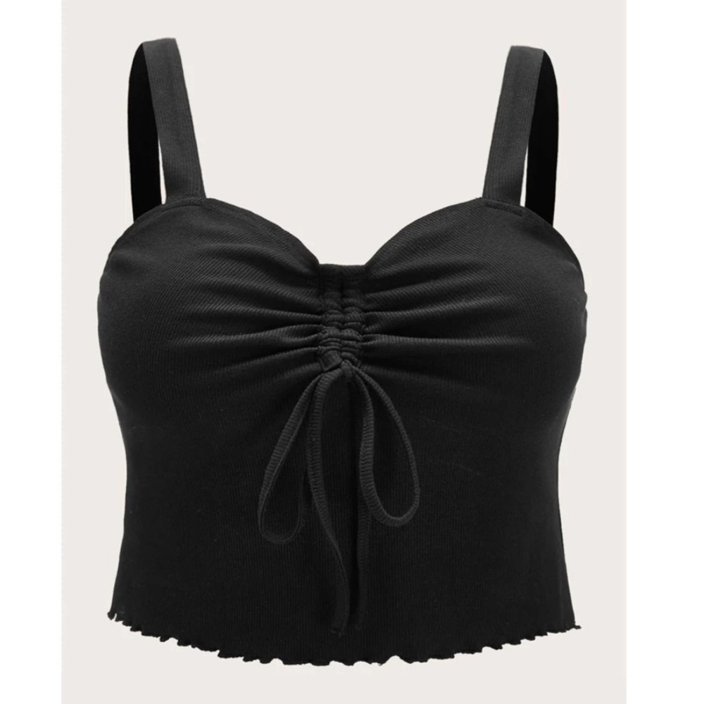 Black Plus Drawstring Knot Front Lettuce Trim Top